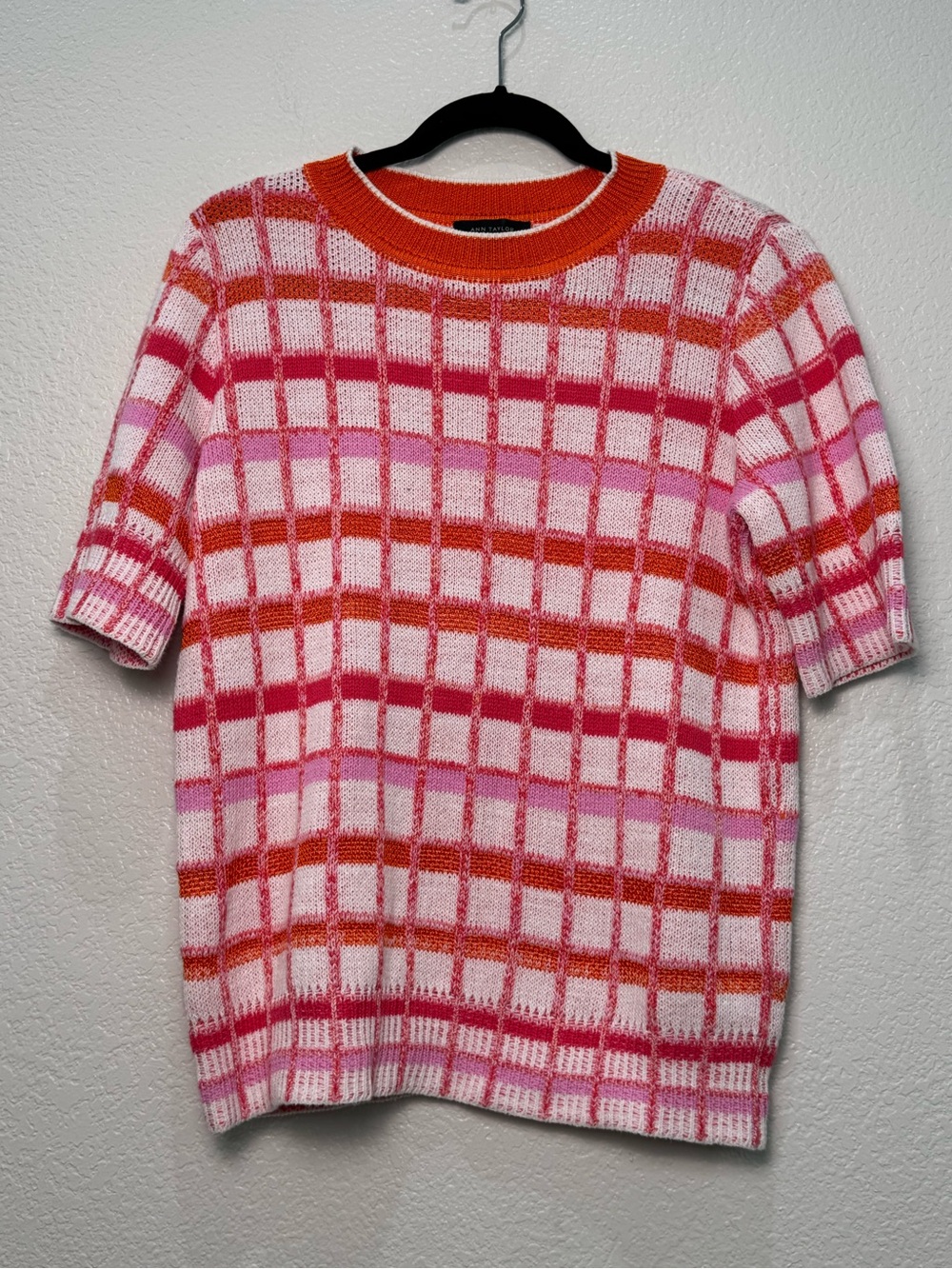 Ann Taylor Sweater Womens S Pink Orange Plaid Short Sleeve Cotton Knit Preppy